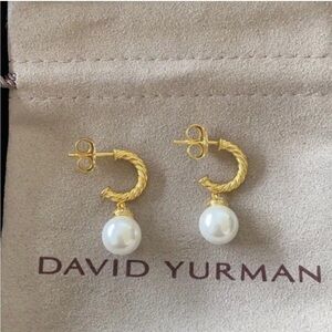 David Yurman Gold Cable Pearl Drop Hoop Earrings - Gold and White